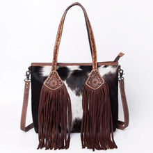 Load image into Gallery viewer, Western Purse, Western Tote Bag, Hand Tooled Leather Crossbody Purse, Leather Crossbody Purse, Laptop Bag, Hair On Cowhide Shoulder Bag
