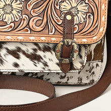 Load image into Gallery viewer, Western Purse, Western Tote Bag, Hand Tooled Leather Purse, Leather Briefcase, Laptop Bag, Hair On Cowhide Purse, Leather Crossbody Purse
