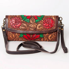 Load image into Gallery viewer, Western Hand Tooled Leather Wallet, Leather Clutch Purse, Cowhide Purse, Leather Crossbody Wallet, Genuine Cowhide Western Wallet
