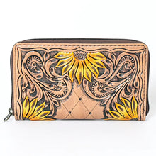 Load image into Gallery viewer, Western Hand Tooled Leather Wallet Purse, Leather Sunflower Wallet, Handmade Womens Leather Wallet, Hand Painted Wallet
