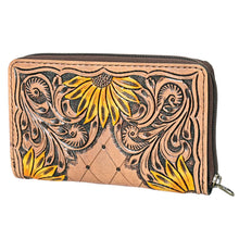 Load image into Gallery viewer, Western Hand Tooled Leather Wallet Purse, Leather Sunflower Wallet, Handmade Womens Leather Wallet, Hand Painted Wallet
