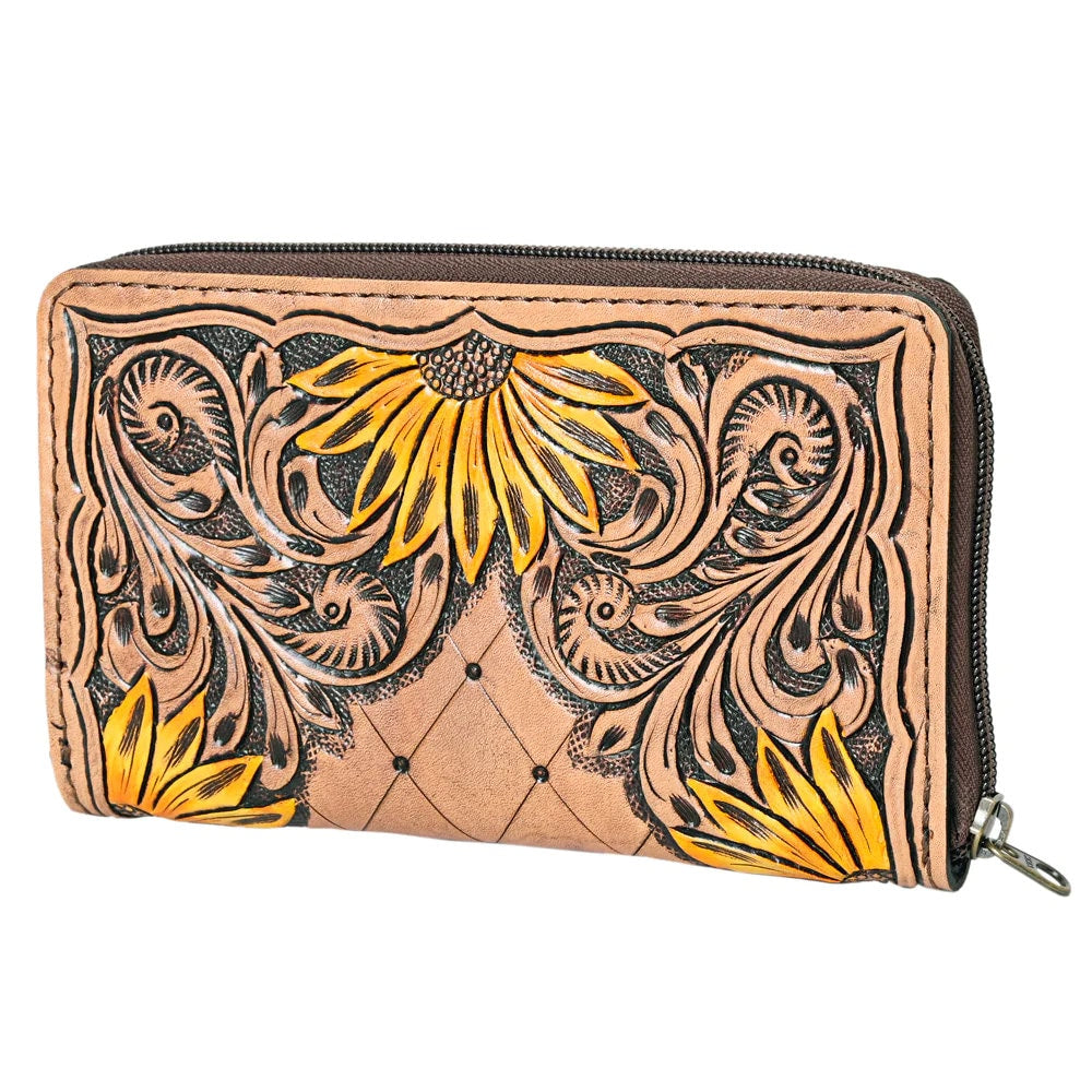 Western Hand Tooled Leather Wallet Purse, Leather Sunflower Wallet, Handmade Womens Leather Wallet, Hand Painted Wallet