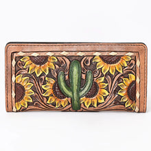 Load image into Gallery viewer, Western Hand Tooled Leather Wallet Purse, Leather Sunflower Wallet, Handmade Womens Leather Wallet, Hand Painted Wallet
