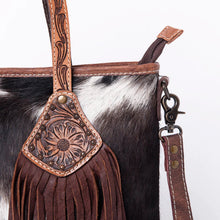 Load image into Gallery viewer, Western Purse, Western Tote Bag, Hand Tooled Leather Crossbody Purse, Leather Crossbody Purse, Laptop Bag, Hair On Cowhide Shoulder Bag
