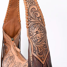 Load image into Gallery viewer, Western Hand Tooled Leather Purse, Hobo Cowhide Purse, Leather Hobo Purse, Western Purse, Genuine Cowhide and Leather Hobo Purse
