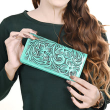 Load image into Gallery viewer, Western Hand Tooled Leather Wallet, Green Leather Wallet, Genuine Leather Clutch, Western Purse, Luxury Wallet, Hand Painted Leather Wallet
