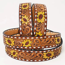 Load image into Gallery viewer, Womens Western Hand Tooled Leather Belt, Leather Sunflower Belt, Rodeo Belt, Embossed Leather Belt, Western Belt, Cowboy Belt, Cowgirl Belt
