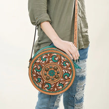 Load image into Gallery viewer, Western Hand Tooled Leather Canteen Purse, Round Leather Purse, Hand Painted Canteen Purse, Genuine Leather Purse, Western Crossbody Purse
