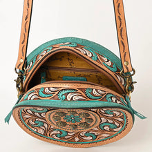 Load image into Gallery viewer, Western Hand Tooled Leather Canteen Purse, Round Leather Purse, Hand Painted Canteen Purse, Genuine Leather Purse, Western Crossbody Purse
