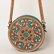 Load image into Gallery viewer, Western Hand Tooled Leather Canteen Purse, Round Leather Purse, Hand Painted Canteen Purse, Genuine Leather Purse, Western Crossbody Purse
