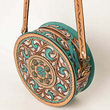 Load image into Gallery viewer, Western Hand Tooled Leather Canteen Purse, Round Leather Purse, Hand Painted Canteen Purse, Genuine Leather Purse, Western Crossbody Purse
