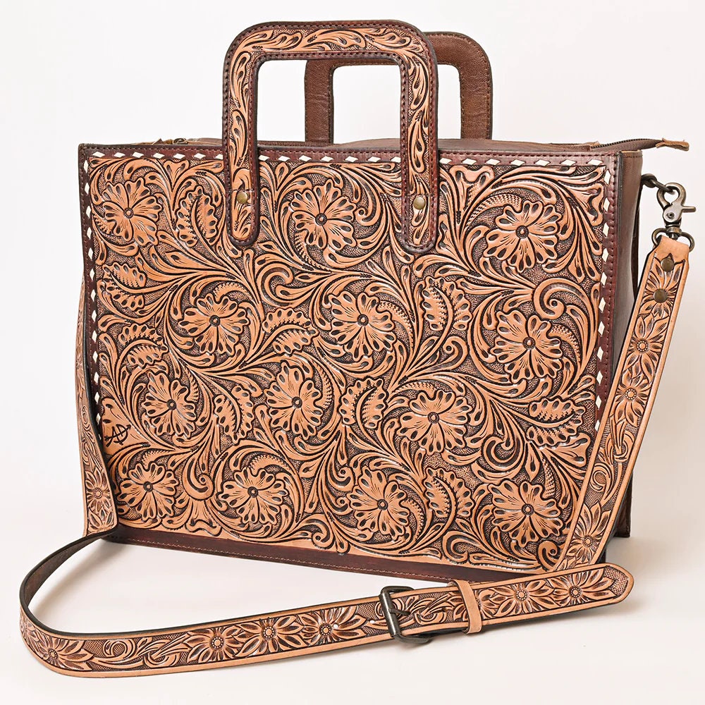 Western Hand Tooled Leather Purse, Western Tote Bag, Genuine Leather Shoulder Bag, Western Crossbody Purse, Genuine Leather Purse