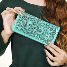 Load image into Gallery viewer, Western Hand Tooled Leather Wallet, Green Leather Wallet, Genuine Leather Clutch, Western Purse, Luxury Wallet, Hand Painted Leather Wallet
