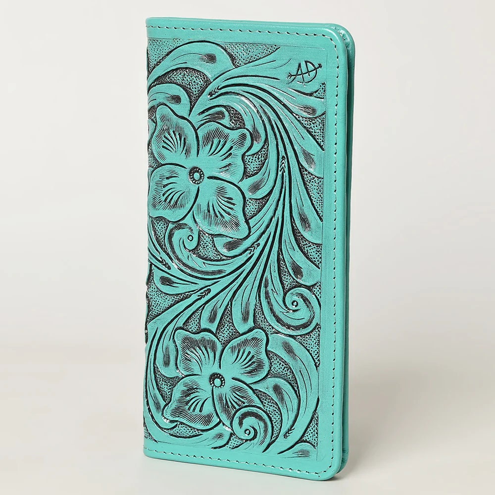 Western Hand Tooled Leather Wallet, Green Leather Wallet, Genuine Leather Clutch, Western Purse, Luxury Wallet, Hand Painted Leather Wallet