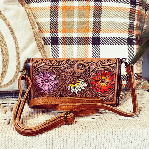 Western Leather Wallet Purse, Hand Tooled Leather Wallet, Crossbody Purse, Womens Leather Wallet, Genuine Leather Wallet