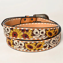Load image into Gallery viewer, Womens Western Hand Tooled Leather Belt, Leather Sunflower Belt, Rodeo Belt, Embossed Leather Belt, Western Belt, Cowboy Belt, Cowgirl Belt
