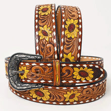 Load image into Gallery viewer, Womens Western Hand Tooled Leather Belt, Leather Sunflower Belt, Rodeo Belt, Embossed Leather Belt, Western Belt, Cowboy Belt, Cowgirl Belt
