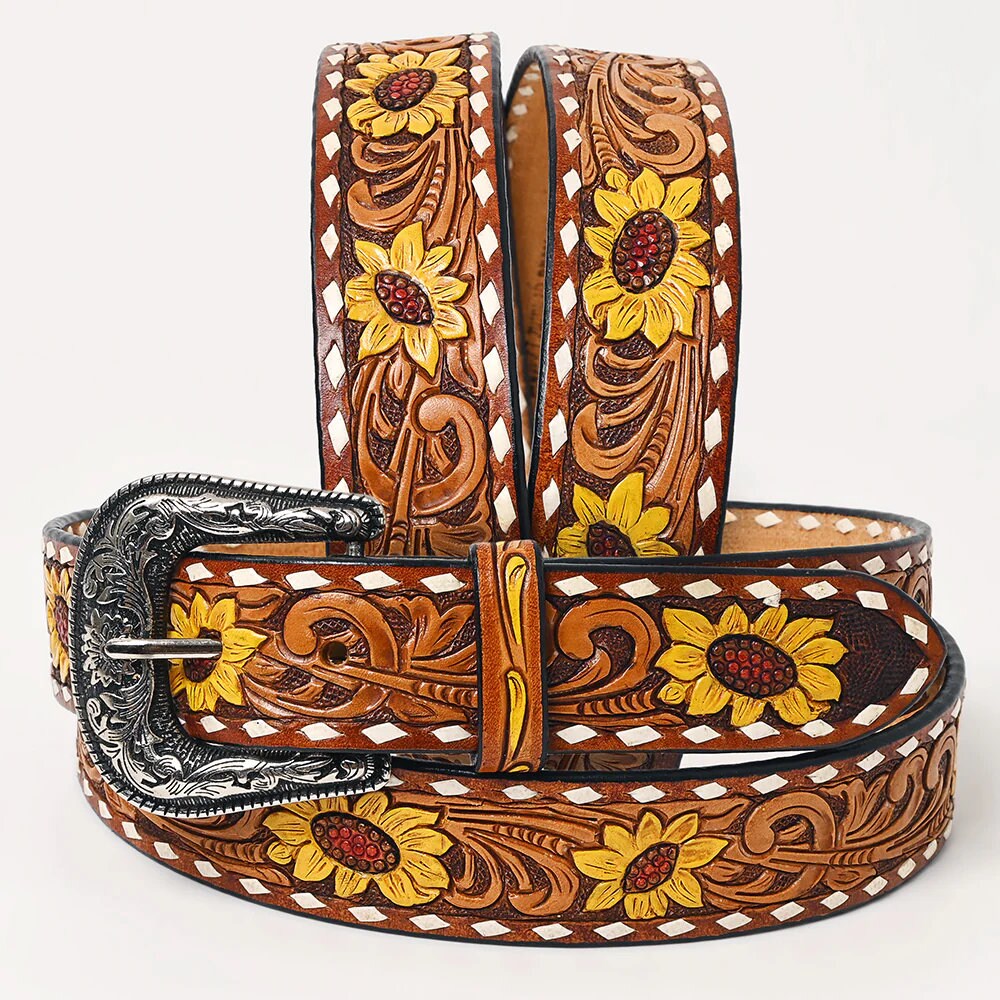 Womens Western Hand Tooled Leather Belt, Leather Sunflower Belt, Rodeo Belt, Embossed Leather Belt, Western Belt, Cowboy Belt, Cowgirl Belt