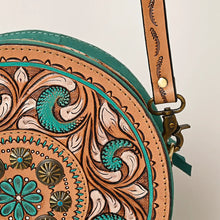 Load image into Gallery viewer, Western Hand Tooled Leather Canteen Purse, Round Leather Purse, Hand Painted Canteen Purse, Genuine Leather Purse, Western Crossbody Purse
