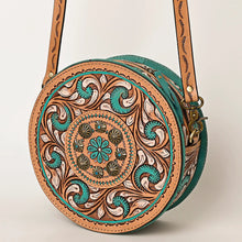 Load image into Gallery viewer, Western Hand Tooled Leather Canteen Purse, Round Leather Purse, Hand Painted Canteen Purse, Genuine Leather Purse, Western Crossbody Purse
