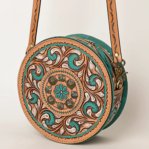 Western Hand Tooled Leather Canteen Purse, Round Leather Purse, Hand Painted Canteen Purse, Genuine Leather Purse, Western Crossbody Purse