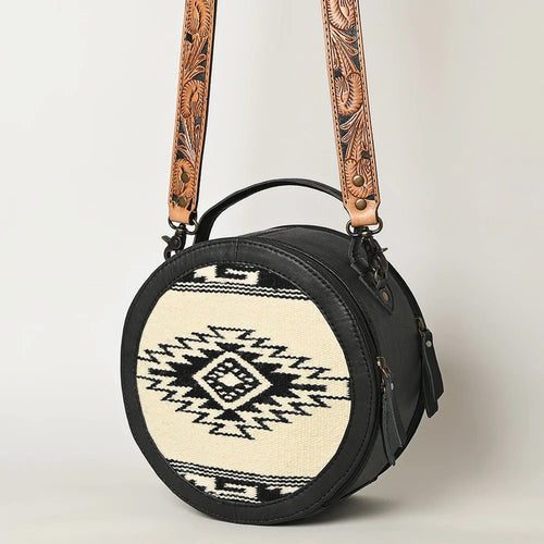 Western Hand Tooled Leather Canteen Purse, Cowhide Leather Round Purse, Saddle Blanket Canteen, Genuine Western Leather Crossbody Purse