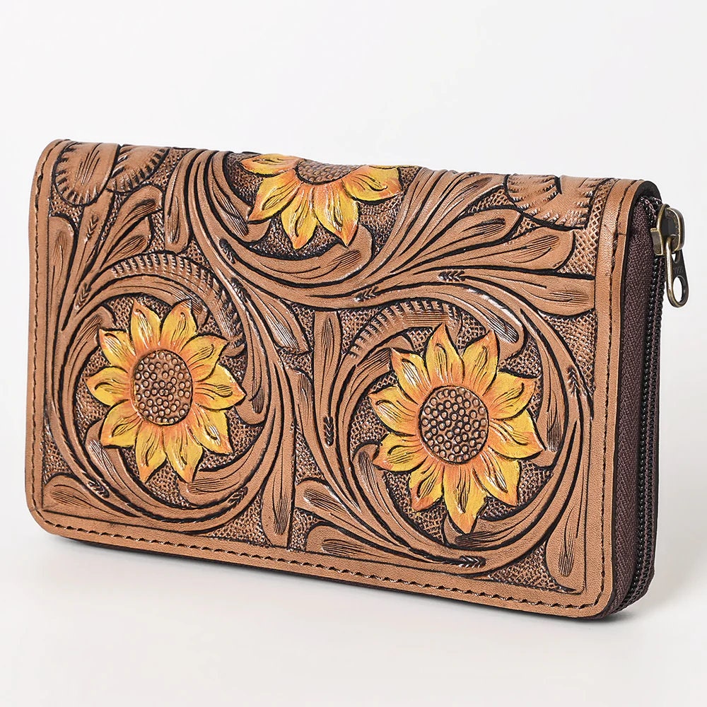 Western Hand Tooled Leather Wallet, Genuine Leather Wallet, Zipper Wallet, Genuine Leather Bag, Western Purse, Luxury Wallet