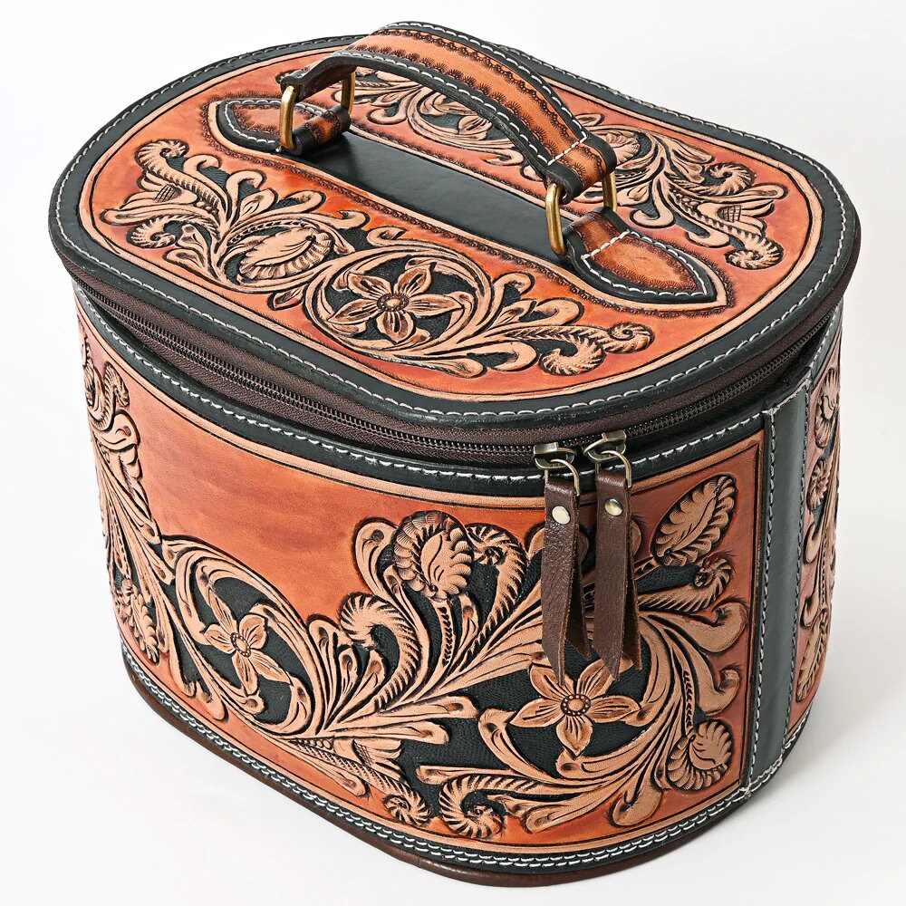 Western Leather Jewelry Case, Hand Tooled Leather Jewelry Box, Jewelry Box Safe, Leather Make Up Case, Cowhide Leather Jewelry Holder