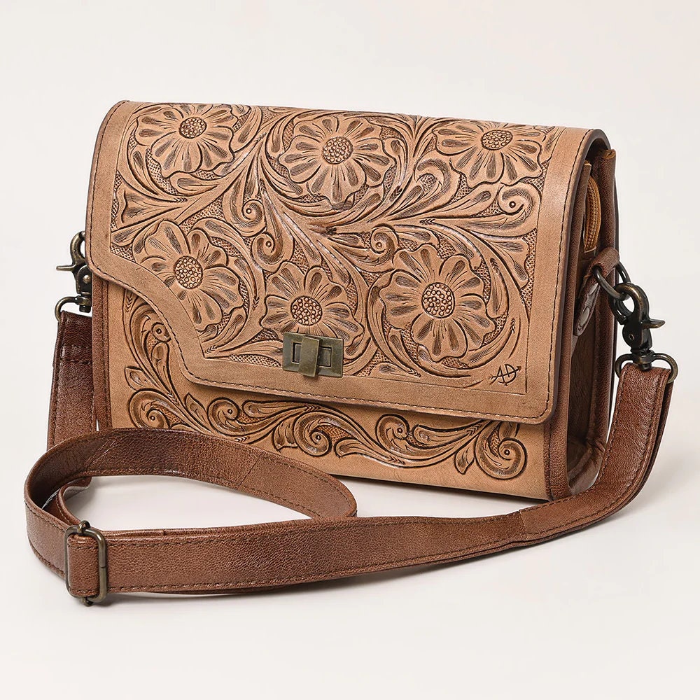 Western Hand Tooled Leather Purse, Western Tote Bag, Brown Leather Crossbody, Genuine Cowhide Leather Purse, Western Leather Crossbody Purse