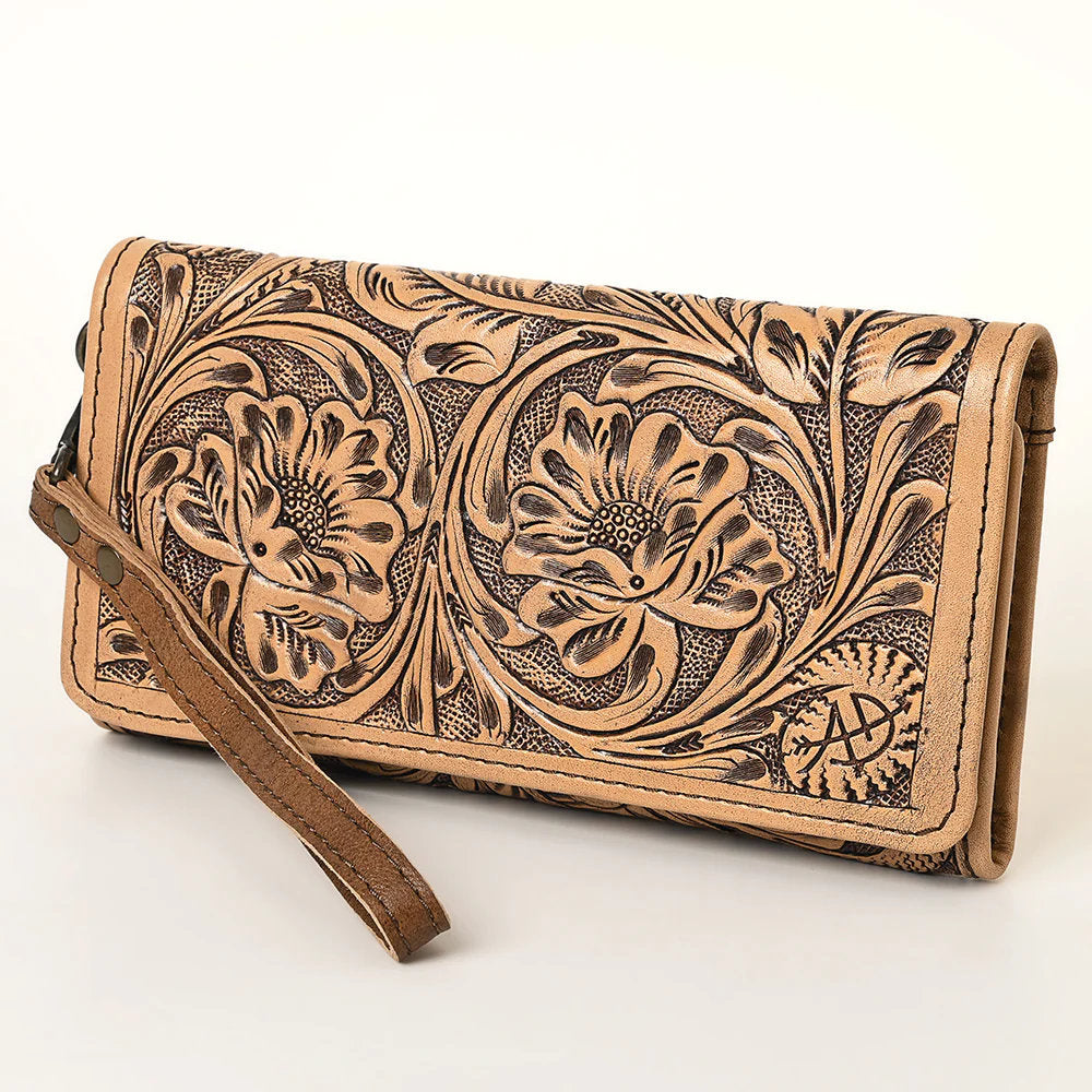 Western Hand Tooled Leather Wallet Purse, Brown Leather Tri Fold Wallet, Genuine Leather Bag, Western Purse, Luxury Wallet