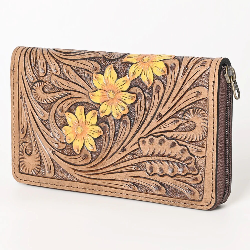 Western Hand Tooled Leather Wallet Purse, Leather Zipper Wallet, Genuine Leather Bag, Genuine Cowhide Bag, Western Purse, Luxury Wallet