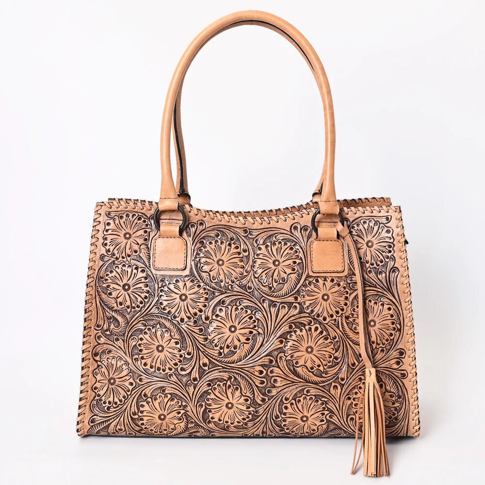 Western Hand Tooled Leather Shoulder Bag, Western Tote Bag, Genuine Cowhide Leather Purse, Western Purse, Leather Fringe