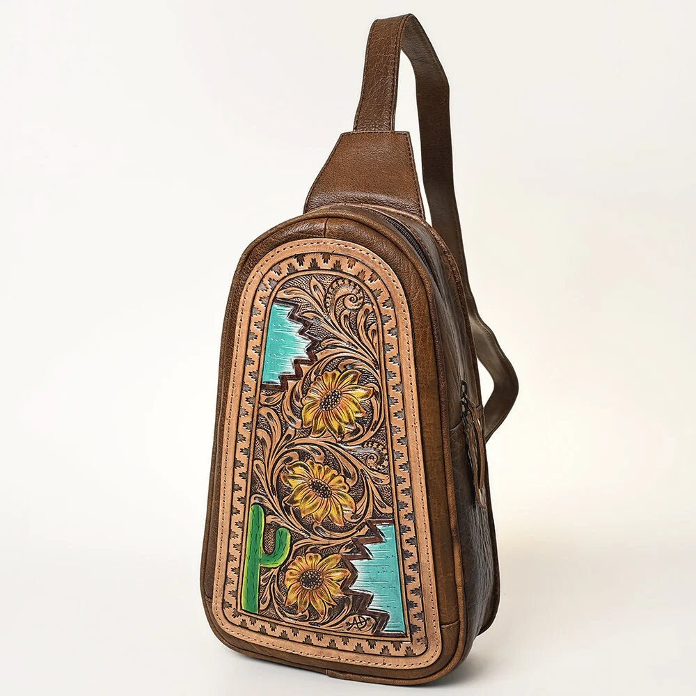 Leather Sling Bag Women, Leather Sling Backpack Purse, Leather Backpack, Western Purse, Hand Tooled Leather Sling Purse