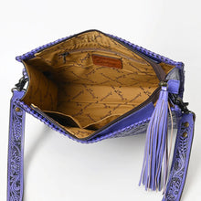 Load image into Gallery viewer, Western Hand Tooled Leather Purse, Western Leather Tote Bag, Purple Leather Purse, Western Crossbody Purse, Leather Shoulder Bag, Laptop Bag
