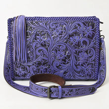 Load image into Gallery viewer, Western Hand Tooled Leather Purse, Western Leather Tote Bag, Purple Leather Purse, Western Crossbody Purse, Leather Shoulder Bag, Laptop Bag
