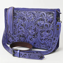 Load image into Gallery viewer, Western Hand Tooled Leather Purse, Western Leather Tote Bag, Purple Leather Purse, Western Crossbody Purse, Leather Shoulder Bag, Laptop Bag
