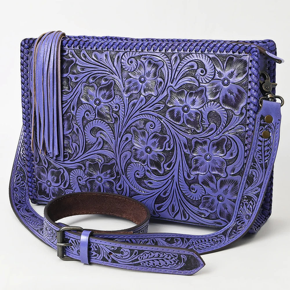 Western Hand Tooled Leather Purse, Western Leather Tote Bag, Purple Leather Purse, Western Crossbody Purse, Leather Shoulder Bag, Laptop Bag