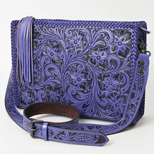 Load image into Gallery viewer, Western Hand Tooled Leather Purse, Western Leather Tote Bag, Purple Leather Purse, Western Crossbody Purse, Leather Shoulder Bag, Laptop Bag
