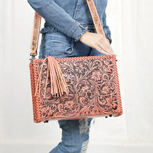 Load image into Gallery viewer, Western Hand Tooled Leather Purse, Western Leather Tote Bag, Painted Leather Purse, Western Crossbody Purse, Leather Shoulder Laptop Bag
