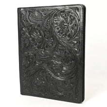 Load image into Gallery viewer, Hand Tooled Leather Portfolio, Black Leather Padfolio, Leather Legal Pad Portfolio, Leather Legal Pad Notebook, Tooled Leather Portfolio
